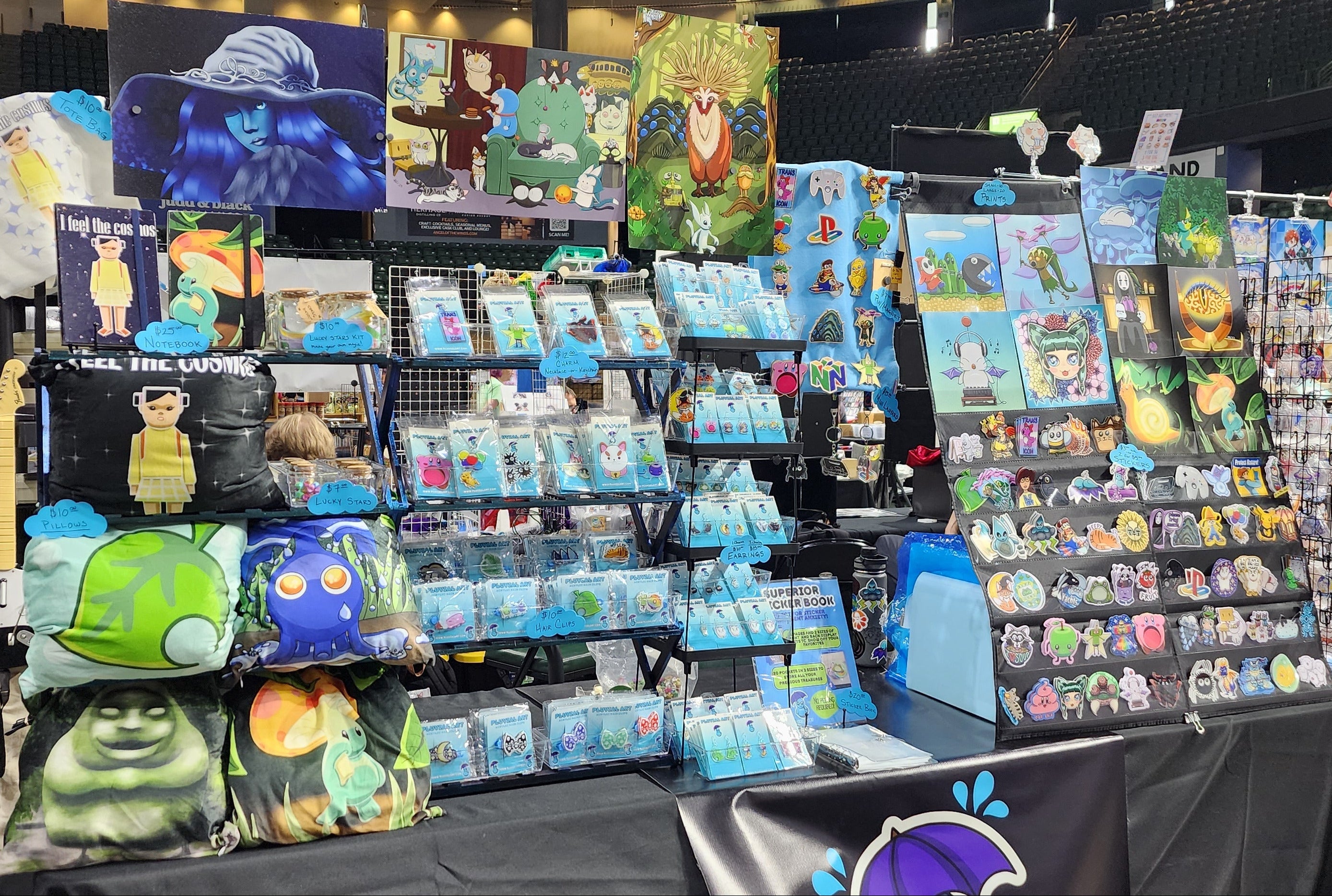 Collection of colorful trading cards displayed on a table